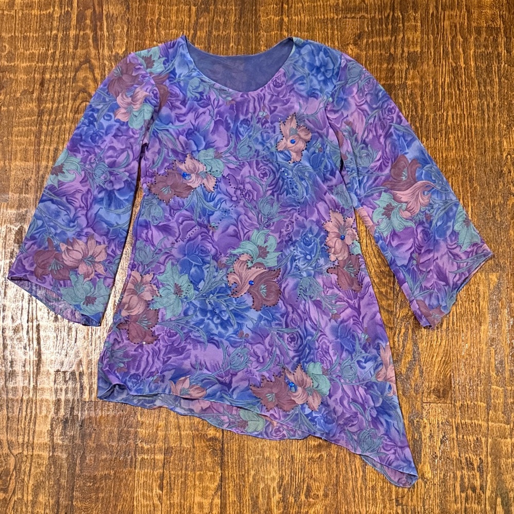 Vintage Indian Assymetrical Handmade Artisan Tunic Purple-beaded Silk Blend